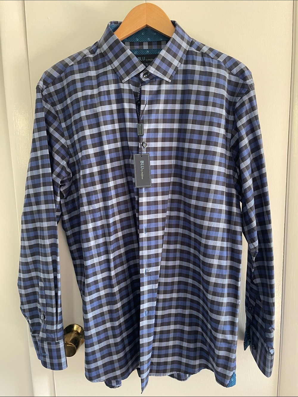 BLU Men’s Blue and Gray Plaid Dress Shirt